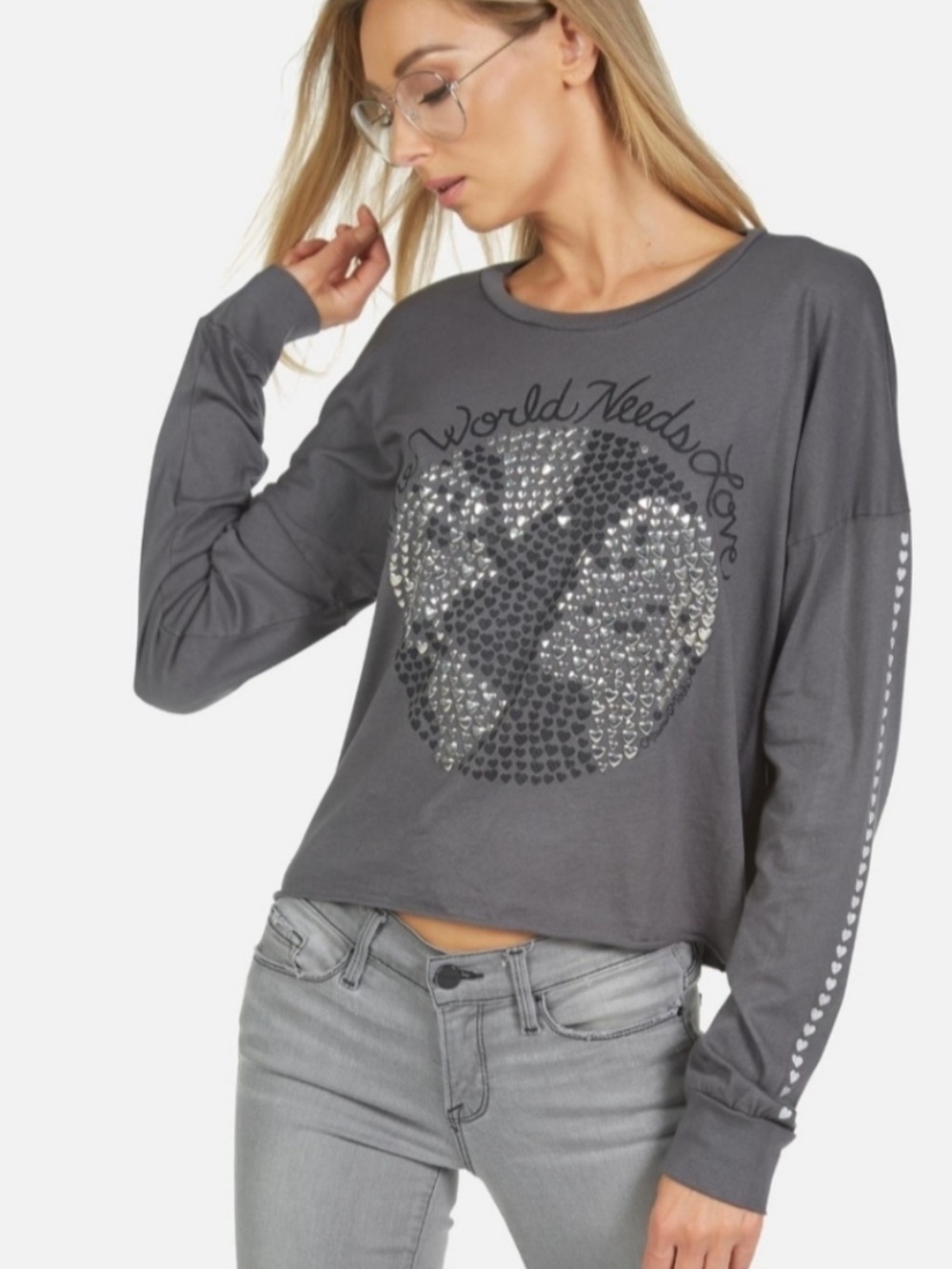Lauren Moshi Studded The World Needs Love Long Sleeve Top in Grey Size XS